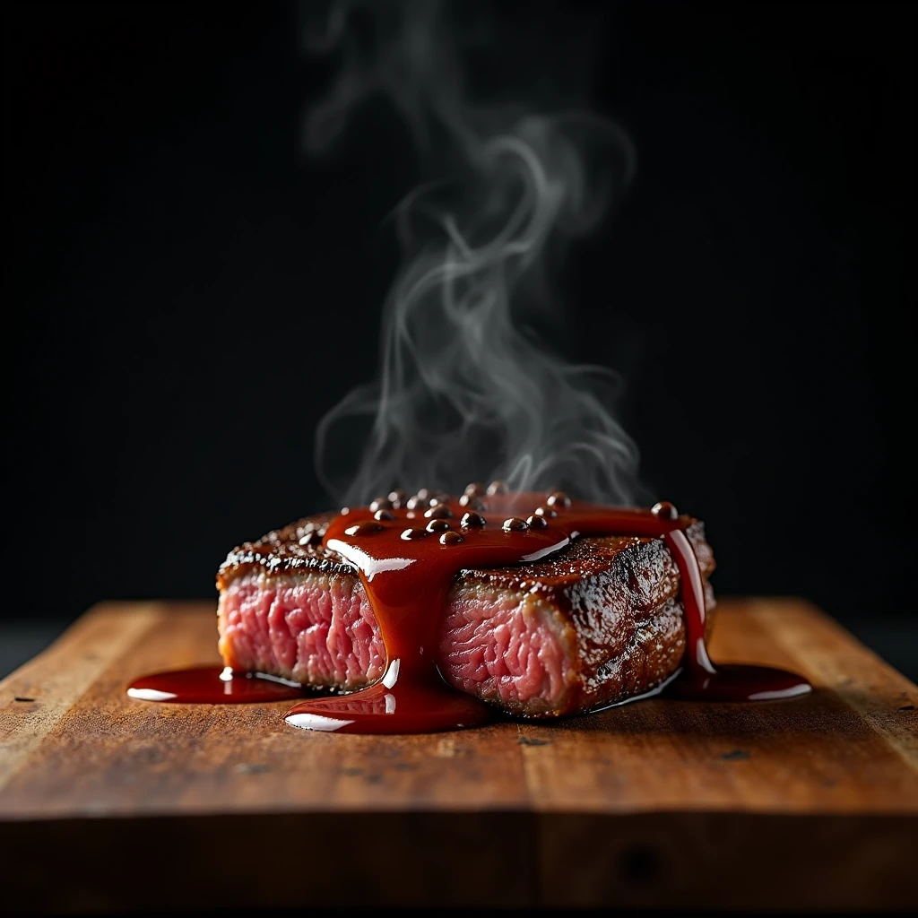 Steak recipe clean picture realistic food, steaming hot, peppercorn sauce on top of the steak and dripping off the side of the steak, on rustic wood floor, placed on a dark background, medium contrast
