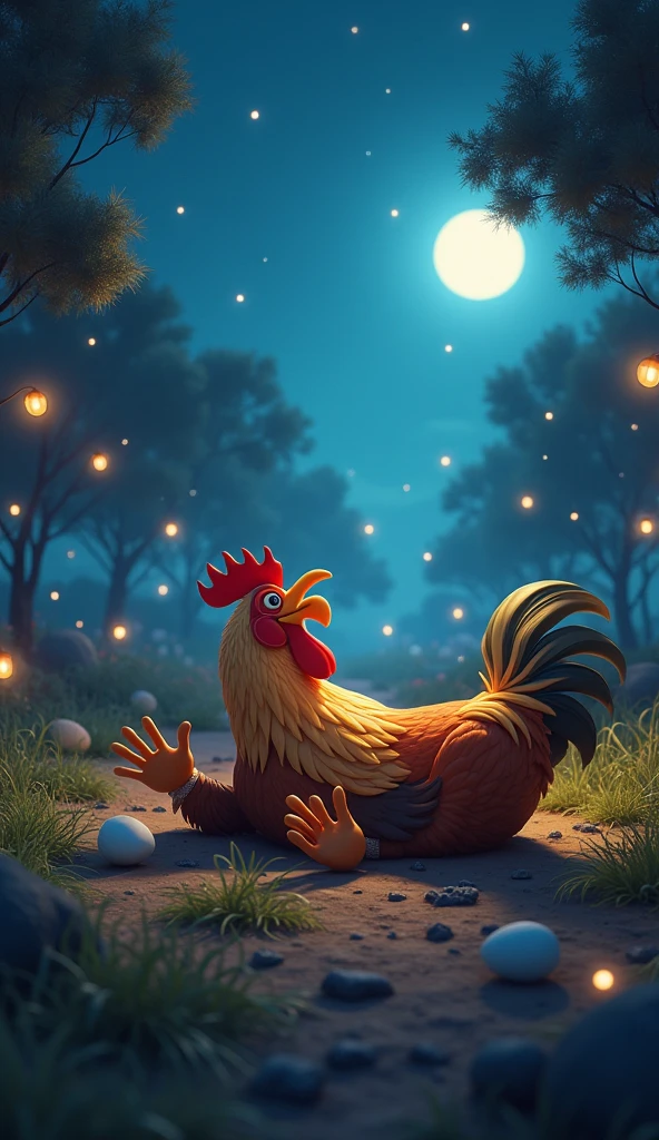 overhead photo
cinematic scene, a beautiful funny cartoon rooster lies in a clearing ,lies on his back, his legs spread wide, his wings in different directions. Chicken eggs lie nearby ,full length body ,, lying on his stomach
opal overlay , bright flickering stars, neon glow, night ,, cartoon funny moon
falling from above, shine, magically, , high detail, clarity, HDR, cinematic light, dramatic light, shadows, Nikon D850, parallax, contrast
