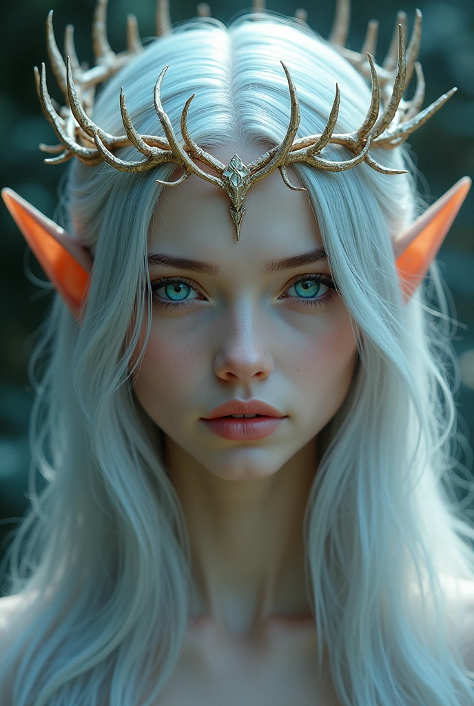 like your slightly pointy ears,a circular transparent crown that looks like it is made of thorns, that crown floated above the woman's head, the crown did not float.And what caught the most attention was the beauty of that woman, she was so beautiful with her long, silver hair., and her blue eyes gave her an aura of purity with her thin lips and her face that seemed to have been sculpted by an artist the woman was aut