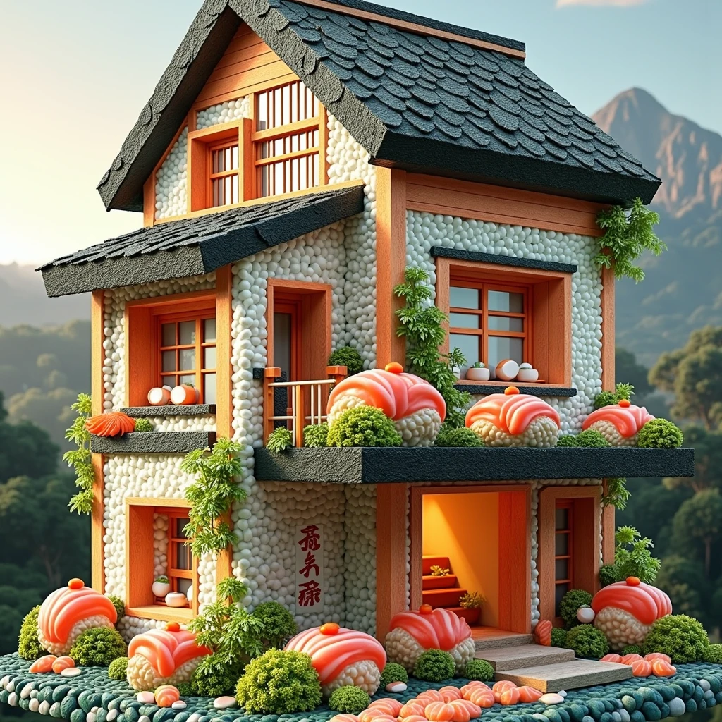 ((masterpiece, 8k, best quality, 8k, super realistic, high resolution:1.3)), realistic house, 2 storey house, 2 meter house, house made of sushi, sushi world, Sashimi in a frying pan, world of fish eggs, wasabi world, wall made of sushi, sushi seaweed paper holder, no plate image