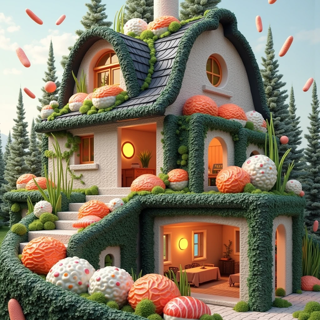 ((masterpiece, 8k, best quality, 8k, super realistic, high resolution:1.3)), realistic house, 2 storey house, 2 meter house, house made of sushi, sushi world, Sashimi in a frying pan, world of fish eggs, wasabi world, wall made of sushi, sushi seaweed paper holder, no plate image