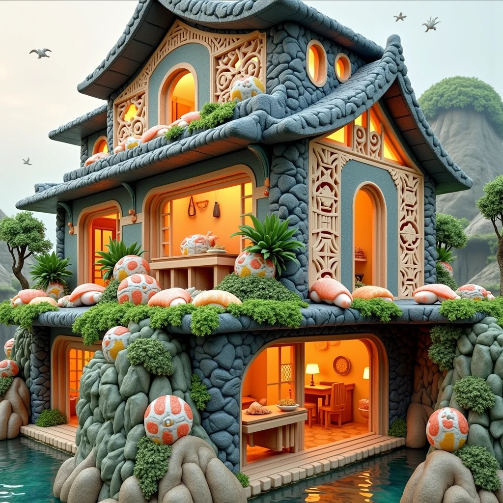 ((masterpiece, 8k, best quality, 8k, super realistic, high resolution:1.3)), realistic house, 2 storey house, 2 meter house, house made of sushi, sushi world, Sashimi in a frying pan, world of fish eggs, wasabi world, wall made of sushi, sushi seaweed paper holder, no plate image
