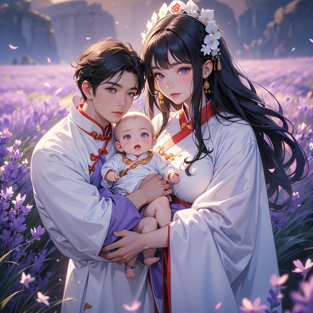 A one-year-old baby boy in an white ancient Chinese baby costume with his beautiful mother, dressed in an ancient Chinese costume, Stroll among the purple lavender fields , There are some floating clouds, playing with each other, with his handsome father standing next to his mother, close up.