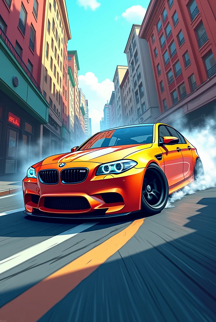 Give me BMW m5 is drifting in cartoon style a4 in sharp