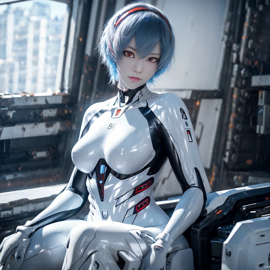 (8k, RAW photo, highest quality, refined details, Masterpiece: 1.2), (high resolution 8k wallpaper), sharp focus, professional lighting, depth of field, cinematic lighting, background blur, Evangelion ayanamirei. She is a Japanese woman with blue hair, (pale skin:1.6),(red eyes:1.6), and a white plug suit. Her futuristic background and realistic style with a cool look are her hallmarks. Quiet atmosphere like science fiction,full body,