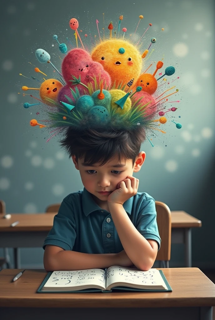 Boy sitting on a school chair with his head down and hands crossed looking at his notebook, The notebook is filled with numbers and letters, blurred and in disarray., But in the child's mind there are many colorful drawings the rest of the scene is gray