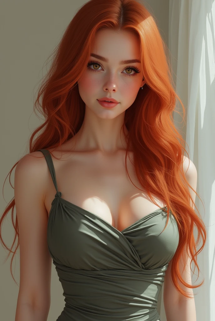 An attractive young woman with fair skin and long red hair, Cao Cao. She is posing for a photo. Her brown eyes are warm and light with a confident expression. She is wearing a mermaid dress. Her body is curvy, with full lips, wide hips and a slim waist. Imagem realista 