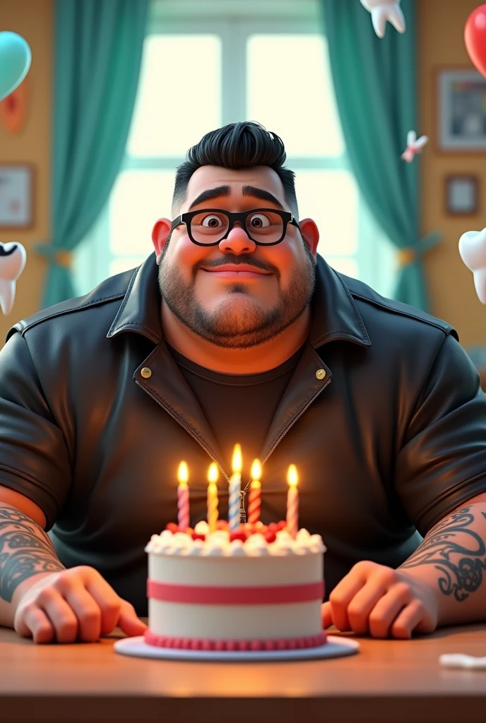 Disney Pixar 3D style character of a big-bodied Latino man dressed in black clothes and black jacket with a masculine face and cute black hair combed sideways with black glasses, Tattooed arms blowing out a birthday cake and surrounded by teeth and dentists