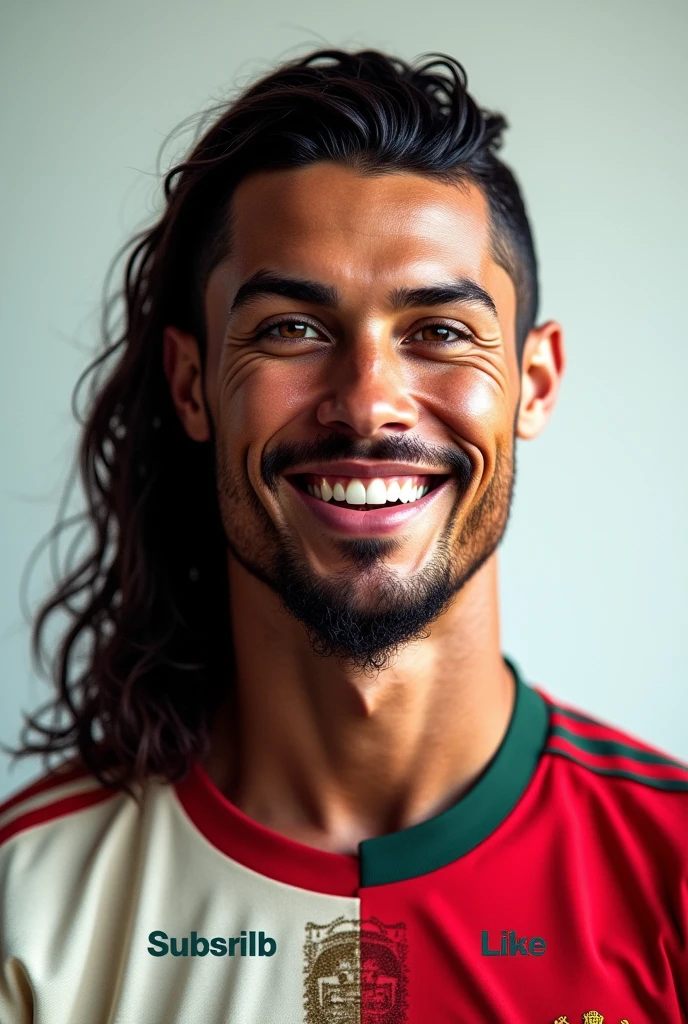 Create a hyper HD quality image with two distinct sides:
Left Side: A serene and vibrant depiction of Jesus looking forward with a gentle smile. Below His image, include a "Subscribe" button.
Right Side: A dynamic and energetic depiction of Cristiano Ronaldo with a broad smile. Below His image, include a "Like" button.
Ensure the images are ultra-high-definition with vivid colors and detailed expressions.