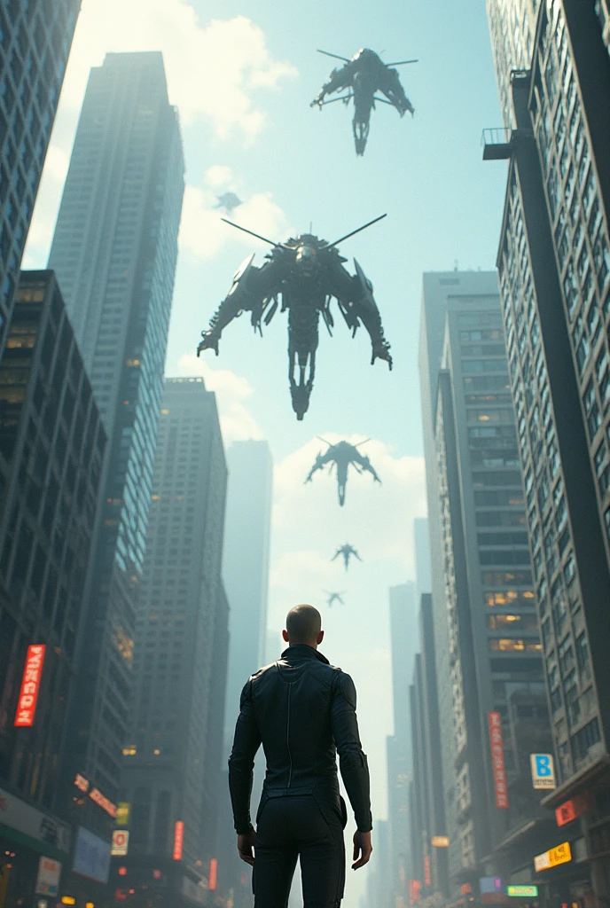 a man in the year 20500 in new york with robots and robotic attacks in the sky, Pesquisar isso no Google, masterpiece, super detail, high details, high quality, 4K