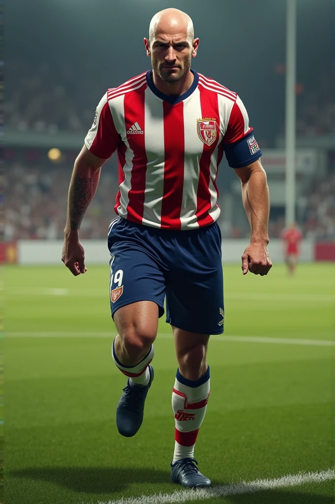 Bald footballer with broken leg wearing red and white vertical striped shirt. And navy blue shorts