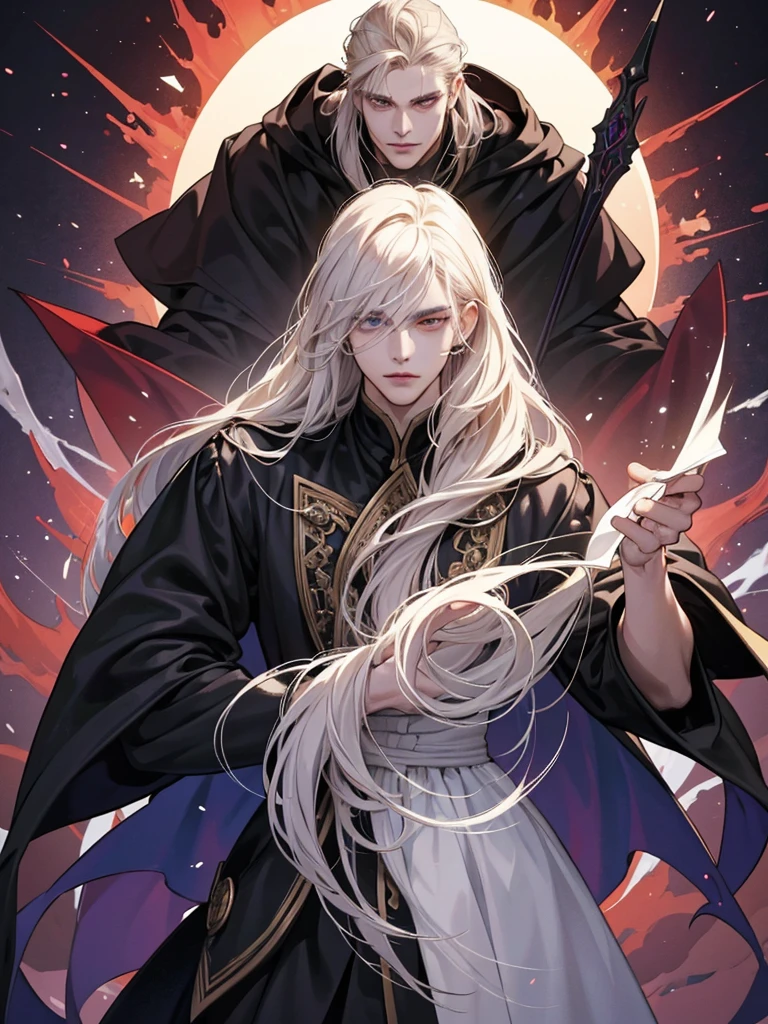 Create an image of Jendrel, a human from the Damonia clan, specifically from the Nightshade (vampire) clan. Jendrel is the 2nd brother and should be depicted as a striking and charismatic figure. He stands at 188 cm tall with a lean and athletic build. His hair is completely dark and slightly tousled, adding to his mysterious aura. His eyes are deep and expressive, with a light brown color and a hint of mystery.
Jendrel wears elegant and mysterious black robes associated with the Demon Clans. The robes should be stylish and dramatic, reflecting his vampire heritage and the enigmatic nature of the Nightshade clan. His overall style should be elegant and K-pop idol-inspired, with a focus on fashionable, trendy details.
Jendrel's abilities include heightened shadow speed, which should be hinted at through visual effects like shadowy trails or a subtle aura. His personality traits are charismatic, ambitious, reserved, loyal, and romantic. He is calm but struggles with his demon blood, which requires him to consume blood born from fear and depression. His close relationship with Jael should be reflected in his demeanor.
The image should be in webtoon style, capturing Jendrel’s elegant and mysterious appearance while highlighting his complex personality.