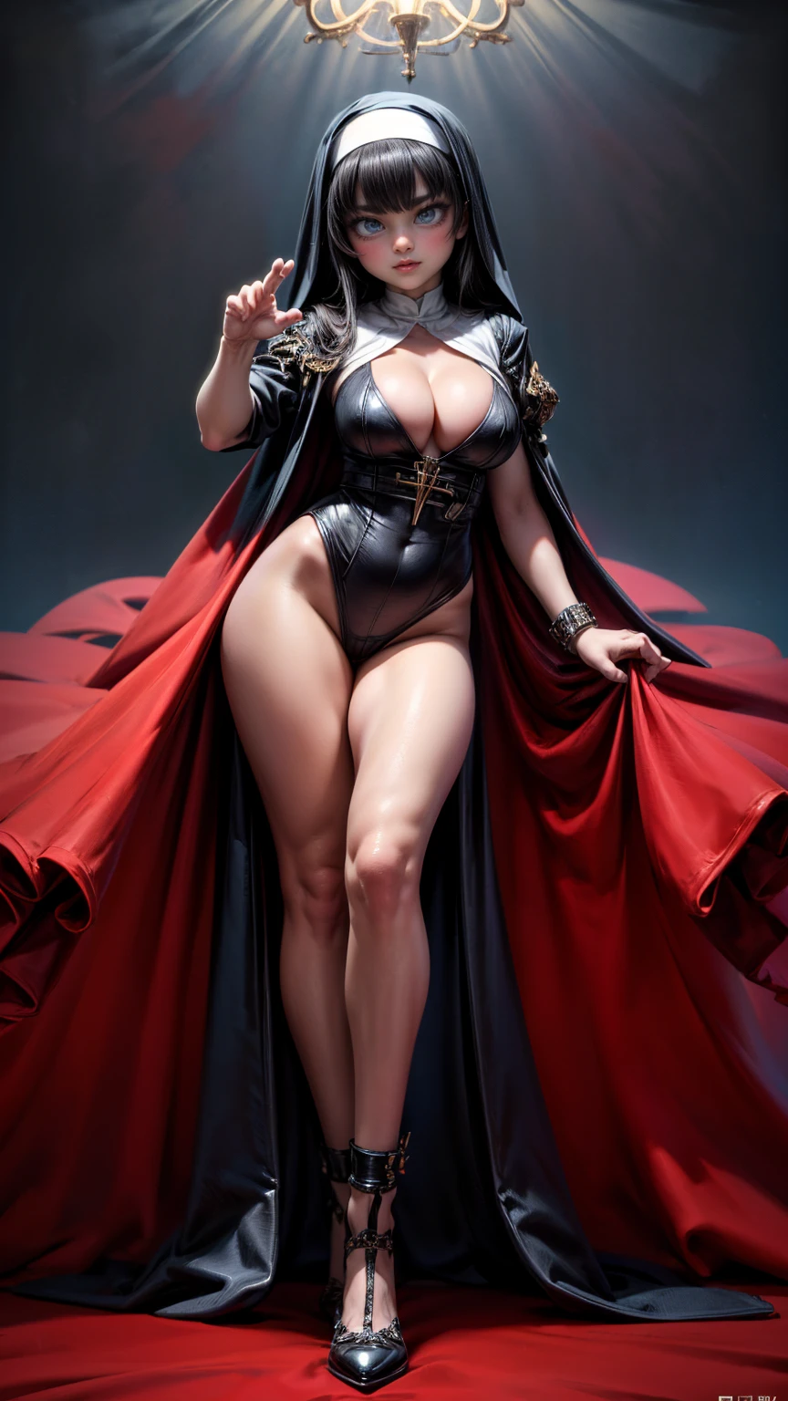 Highest quality (4K, High resolution, masterpiece:1.2), Very detailed, Realistic (photo-Realistic:1.37), Seraphina, Rising Star of the Holy Knights、Inquisition, ((Full body portrait)), ((Stand Strong)), ((She is dressed in an elaborate and provocative black and red warrior-nun outfit.), (Showing cleavage), An intimidating yet captivating gaze, ((Strong blue eyes)), (Long, flowing, flaming black hair), A strong, determined aura reminiscent of divine power, (( white and red color scheme)), (Very detailed:1.3), Highly detailed clawed hand, Very finely crafted fingers (10 fingers), ((Provocative and intimidating pose)), ((Full-body showcase)), No logo on the background.