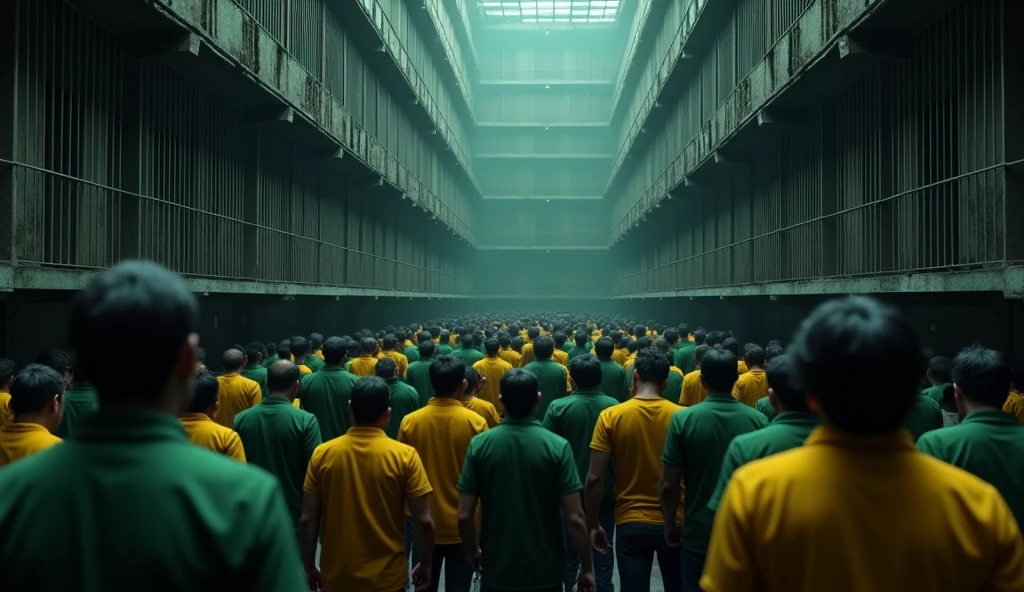 I would like you to make in good quality 3D a large, dark room in a prison with several rooms with bars and a crowd of Brazilians dressed in green and yellow with their heads down., shocked and with expressions of fear and sad and discouraged faces.
