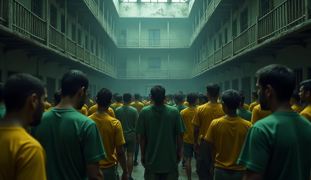 I would like you to make in good quality 3D a large, dark room in a prison with several rooms with bars and a crowd of Brazilians dressed in green and yellow with their heads down., shocked and with expressions of fear and sad and discouraged faces.