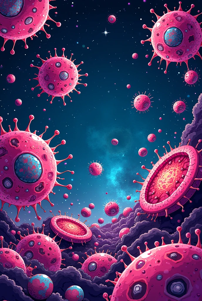 A simple, beautiful, pink , comic book cover for eukaryotic cells , space for book name in the middle