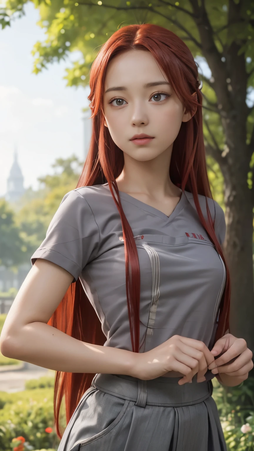 masterpiece, best quality, (realistic, photo-realistic:1.4), (RAW photo:1.2), extremely detailed CG unity 8k wallpaper, delicate and beautiful, amazing, finely detail, official art, absurdres, incredibly absurdres, huge filesize, ultra-detailed, extremely detailed, extremely detailed girl, extremely detailed eyes and face, light on face,little smile,Tiese_Shtolienen,(red hair:1.3),long hair,(grey t-shirt:1.5),garden,close up,(teen girl:1.7)