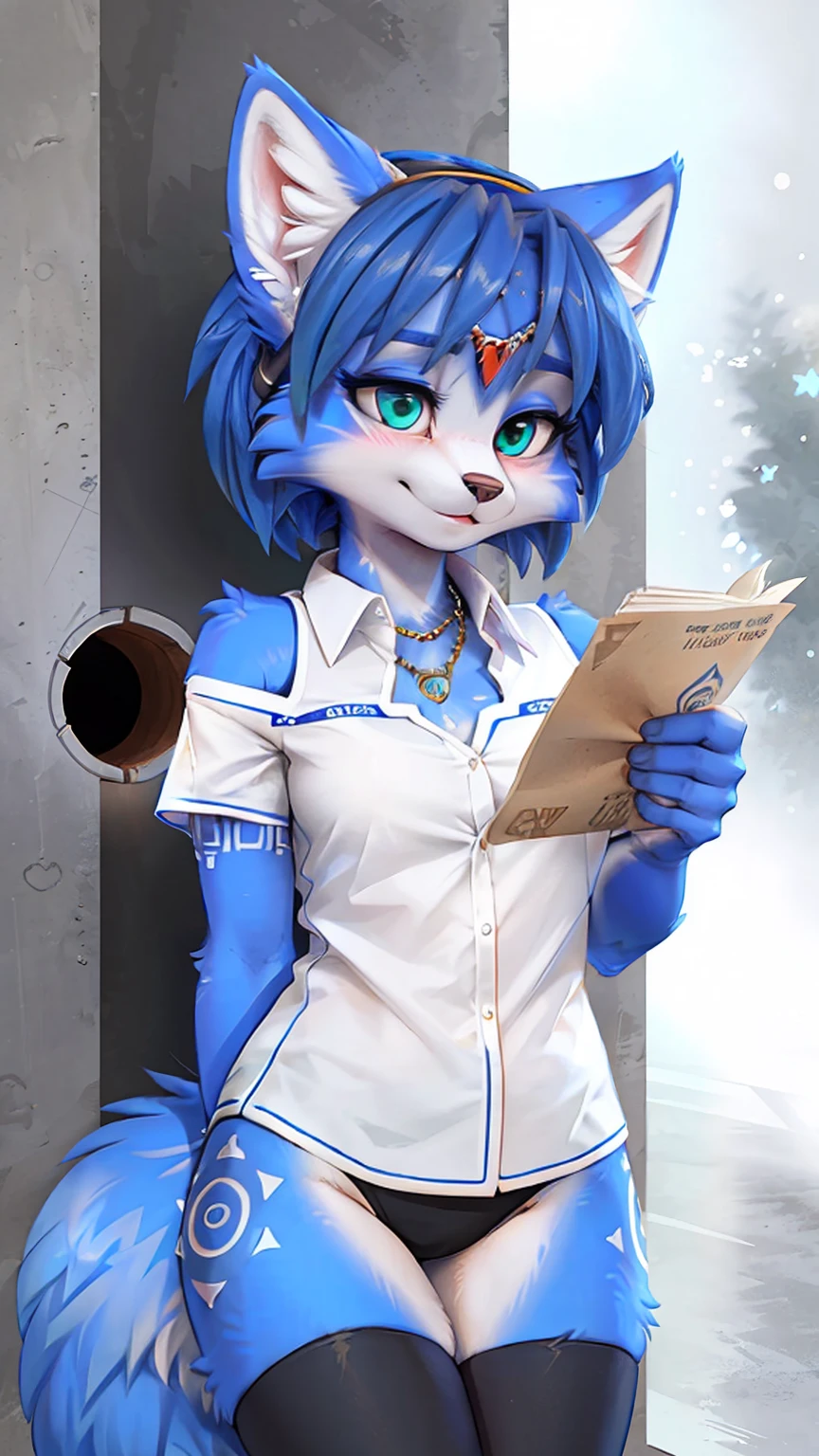 a picture of ((krystal)), Star Fox krystal, sslim, lovable, green eyes, medium breasts, (((Long blue hair 1.3))), Decollete, anthro, furry, Uploaded E621, detailed fluffys fell, (von Fluff-Kevlar, Bayard Wu, Pino Daeni), detailed face, (fluffy), 1 girl, alone, sweet girl, (((hole body))), alone, wearing white button hoch shirt, black thong, Thigh high socks, looking bored, bored eyes, gentle smile, shy smile, simple gray artistic background, in an empty, grey cafe, Stand, holding a paper choch of coffee, mouth open, front view