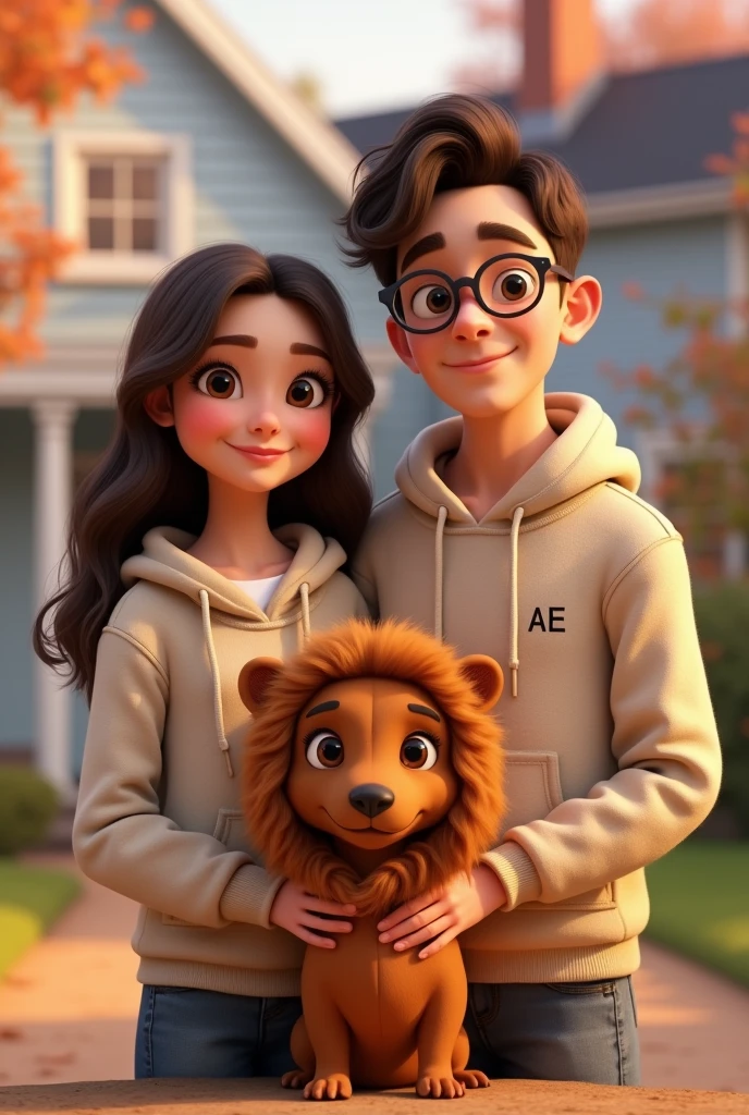 Pixar-style poster of two lovers, in a white house, She is a girl with long brown curly hair , white, with brown eyes, long eyelashes and small nose, with a round face wearing a beige hoodie with the initials AE small on the right side of the chest; a boy with dark brown hair, with rectangular frame lenses, dark brown eyes, big lips wearing a beige sweatshirt with small initials AE on the left side and a light brown dachshund with a black nose and brown eyes wearing a lion costume.