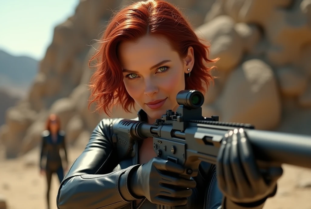 (photorealism:1.2),
((Masterpiece)), ((scarlett johansson as black widow in a marvel avangers movie shooting with a futuristic sniper rifle, huge cleavage nipslip, decollete extremely busting out, nipple visible )), (((perfect female anatomy))), (((high quality image))), (((high detail image))), sexy, cool,smiling seductively.

Body:
 athletic build, (((high detail face))), (((high quality face))), ((high quality eyes)), ((high detail eyes)), ((high quality pupils)), ((high detail pupils)), ((high quality nose)), ((high detail nose)), ((high quality mouth)), ((high detail mouth)), ((high quality feet)), ((high detail feet)), 

NSFW Body:
((Thick ass)), (wide hips), ((petite big breasts)), ((high detail breasts)), ((high quality breasts)), ((high detail nipples)), ((high quality nipples)), (hard nipples), ((high quality toes)), ((high detail toes)), (looking at the viewer seductively).

Setting: 
((4k)),(((full  body view including feet, wide angle Landscape photography))),((ultra high resolution)), ((natural sunlight shining on, (ambient occlusion), (high quality shadows), high quality lighting, high quality reflections, (high detail background), 