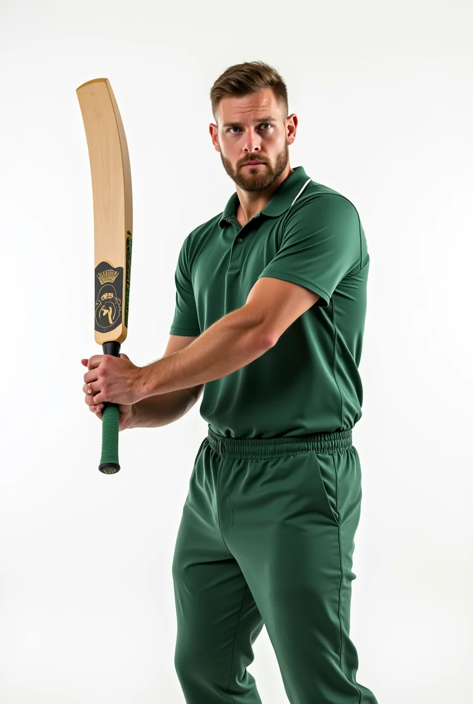 man in green collared shirt holding cricket bat in straight drive postion showing bat to viewer, with white backgound