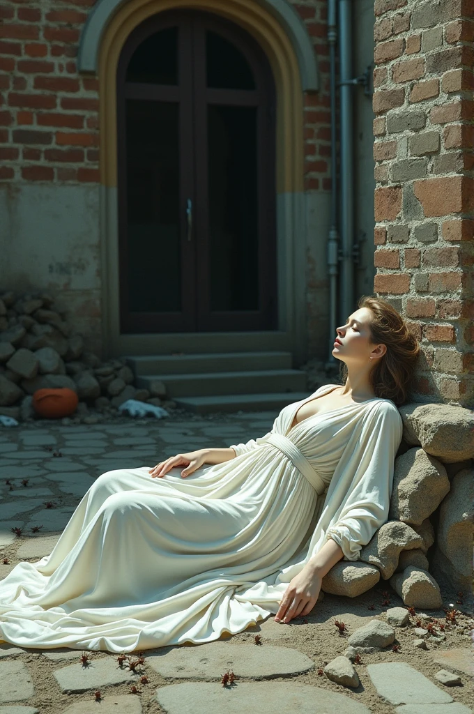Sleeping goddess sprawled in front of a dirty brick building with bugs crawling around on the street