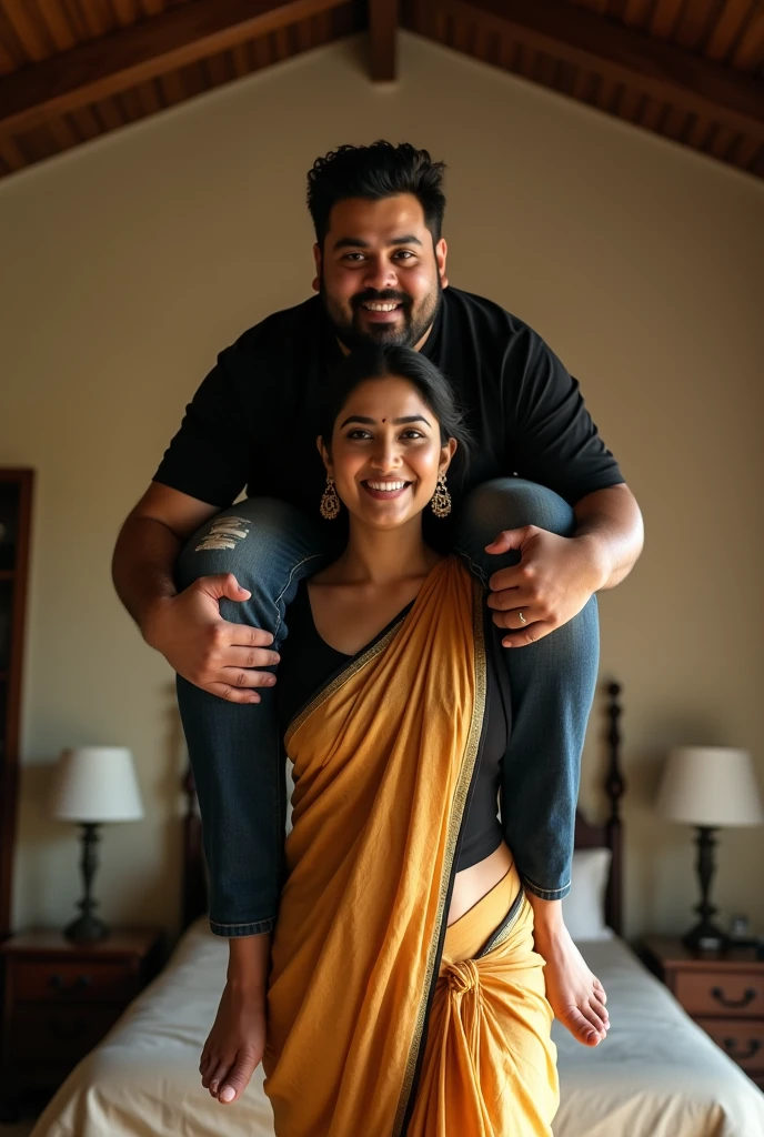 Beautiful and Slim, Sexy Indian woman in black blouse golden saree lifting a large chubby man above her shoulders, man is sitting on woman's shoulders, in a bedroom with high ceiling, natural smile, woman is looking into the camera , full body image 