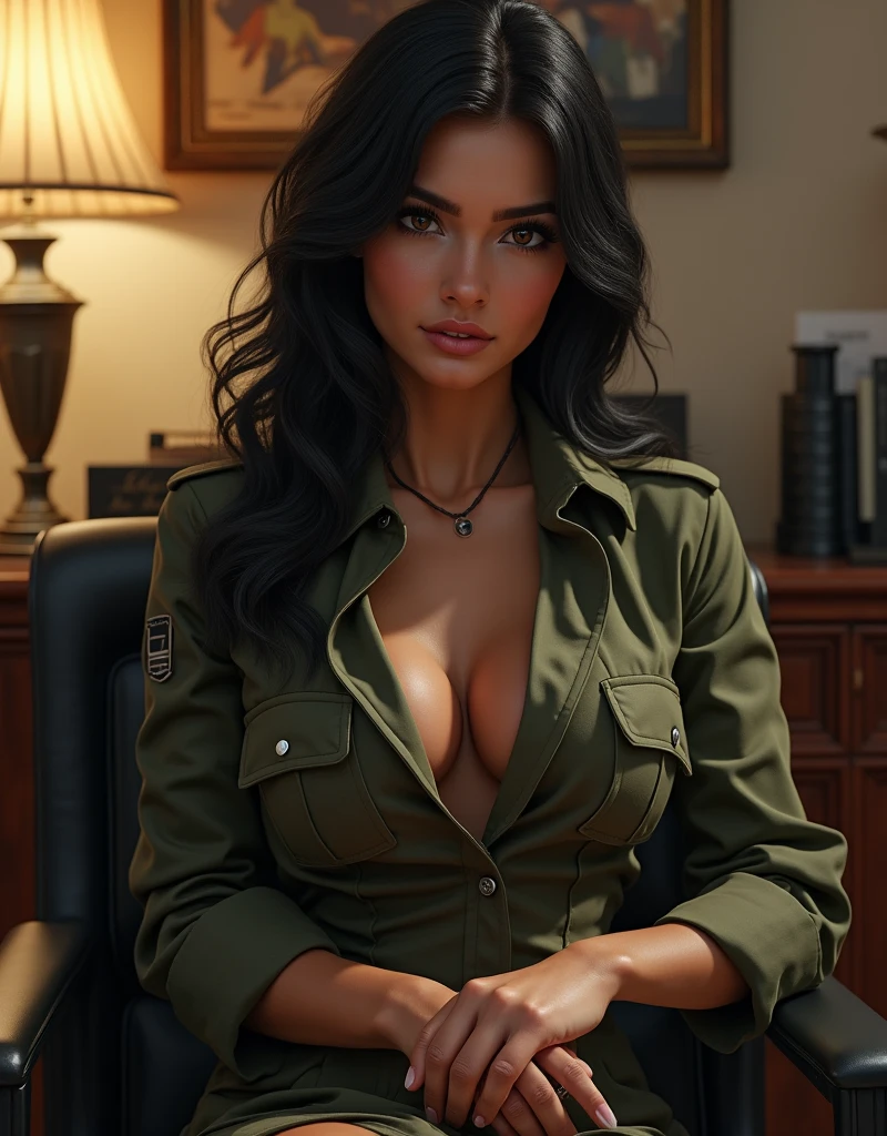 (Photorealism:1.2), sexy woman soldier, She is conducting an interview in an office wearing a revealing military uniform..