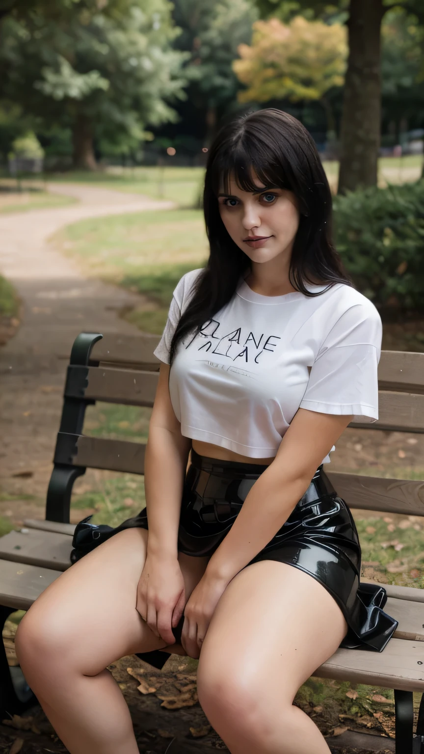 (full body shot) of A shy 19 YO beautiful woman with long shiny black hair, choppy bangs, a delicate face, a cold proud gaze, (thick body:1.2), (thick arms:1.0), (thick legs:1.0), exposes her waist, she is wearing (longer black latex skirt), (white cloth t-shirt), sit on bench in park, smile, whole body visible, her name is Rena and she likes her legs and latex clothing, especially latex underwear. She likes to wear black skirts, made from latex of cource