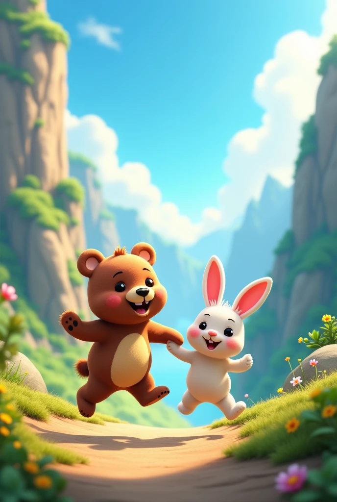 a happy bear and rabbit holding hands, jumping joyfully through a mountain landscape, cartoon, vibrant colors, dynamic pose, (best quality,4k,8k,highres,masterpiece:1.2),ultra-detailed,(realistic,photorealistic,photo-realistic:1.37),bright lighting,whimsical,cute,playful,dynamic composition,lush greenery,rocky cliffs,blue sky,fluffy clouds