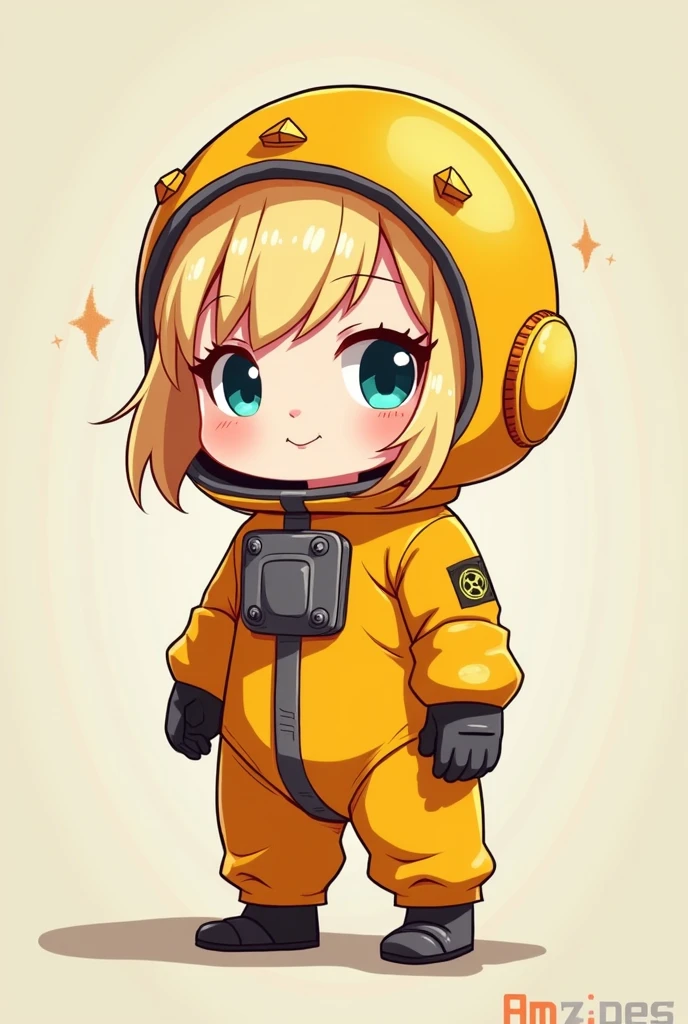 DESSIN CHIBI D UN PERSONAGE FILLE AU CHEVEUX BLOND DU JEUX VIDEO RUST EN HAZMAT 
