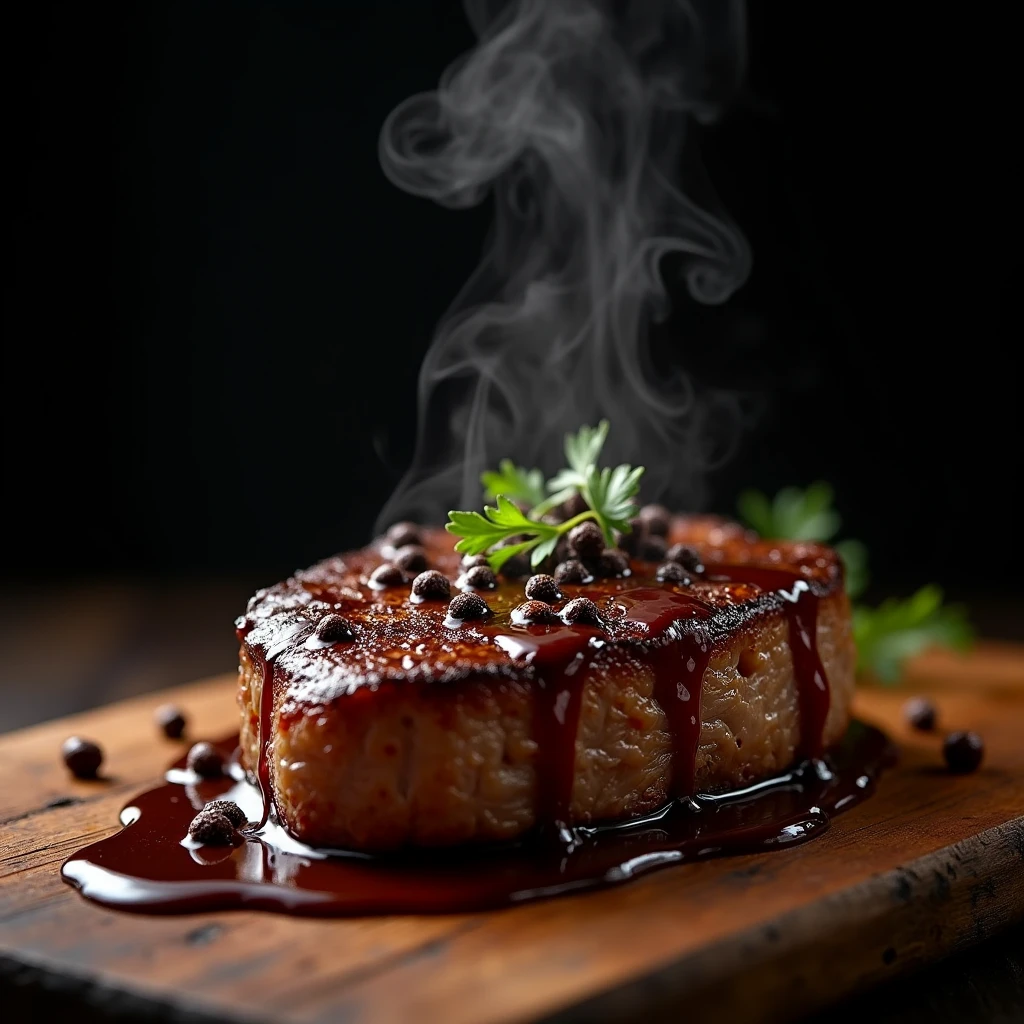 Steak recipe clean picture realistic food, steaming hot, peppercorn sauce on top of the steak and dripping off the side of the steak, on rustic wood floor, placed on a dark background, medium contrast