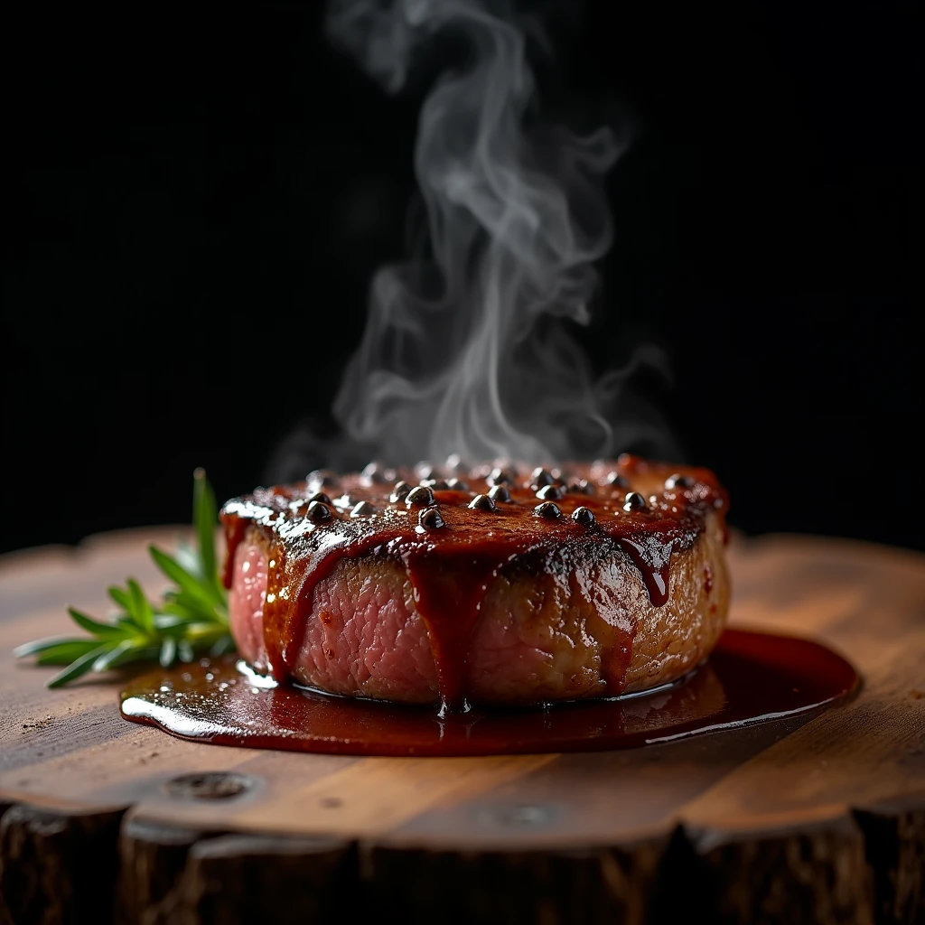 Steak recipe clean picture realistic food, steaming hot, peppercorn sauce on top of the steak and dripping off the side of the steak, on rustic wood floor, placed on a dark background, medium contrast