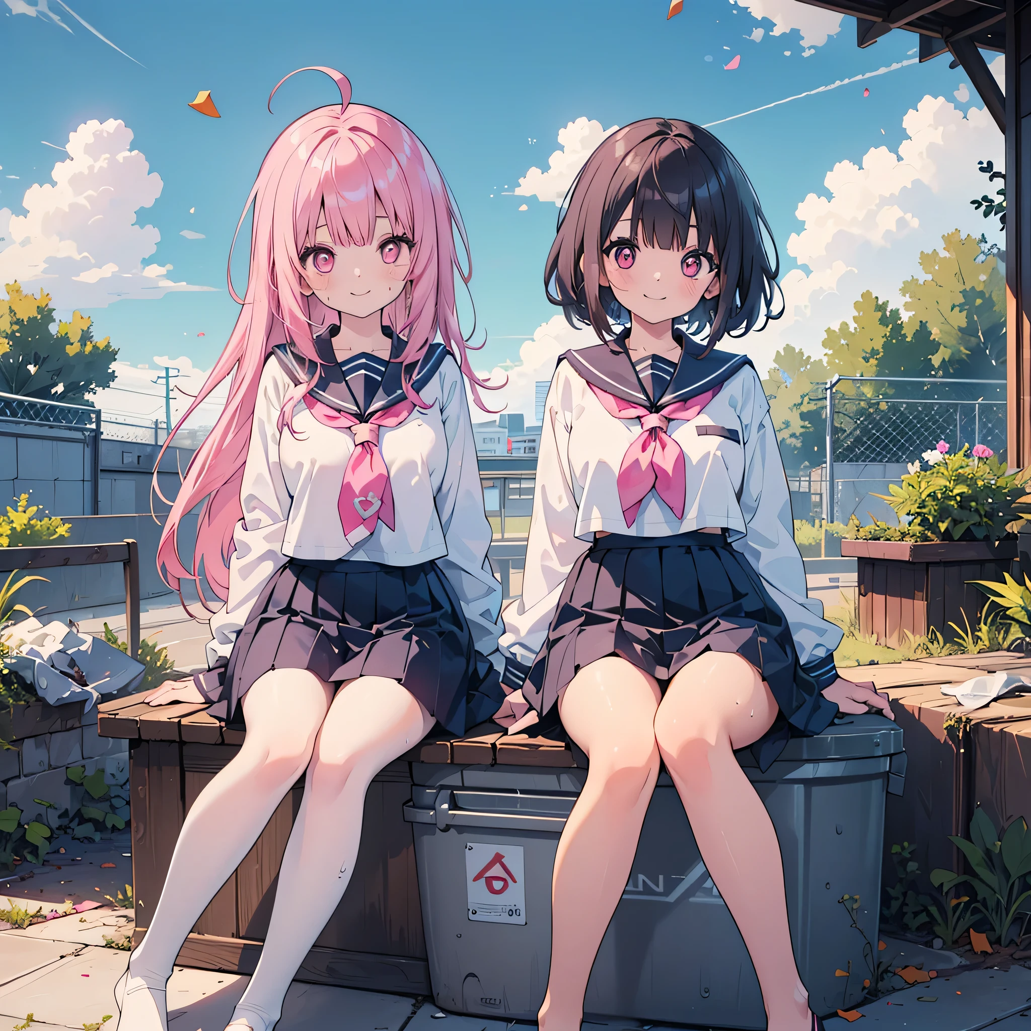 (2 people),(Best image quality, 8k, masterpiece:1.3), (high school student:1.5), ((Pink lob hair:1.1)), (Bobcut),(流したbangs), (Cute eyes, Dark Eyes, Iris Sky Blue, like々funny Face), (Standard weight), (Small breasts), (Glowing Skin:1.3),(Pale skin:1.2),(Sweaty skin:1.2),(smile),break (Crystal Tree), (flying debris), (Highest quality), Very detailed, Focus Only，dynamic，((smile))，Perfect Face, 美funny Face, Very detailedな顔，(Pink long hair_Pink Eyes:1.3)，uniform、smile，Large Breasts，smile,2 peopleの, ((masterpiece, Highest quality)),, skirt, null, Sitting, cloud,Outdoor, neckerchief ,Day, bangs, fence, shirt, Ahoge, rooftop, 白いuniform, white Sailor collar,blue eyes, Sailor collar, blue null,white shirt, View your viewers, chain-link fence, cloudy null, trash can, Pleats,No shoes