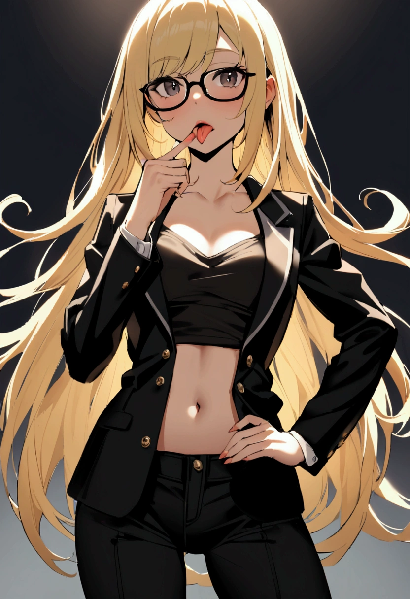 a pretty young girl with long blond hair and dark eyes, confident, blazer and doesn't care with an average chest not too big with glasses wearing a black t-shirt that goes down to the navel with pants holding her phone seducing with her hand on her hip sticking her tongue out