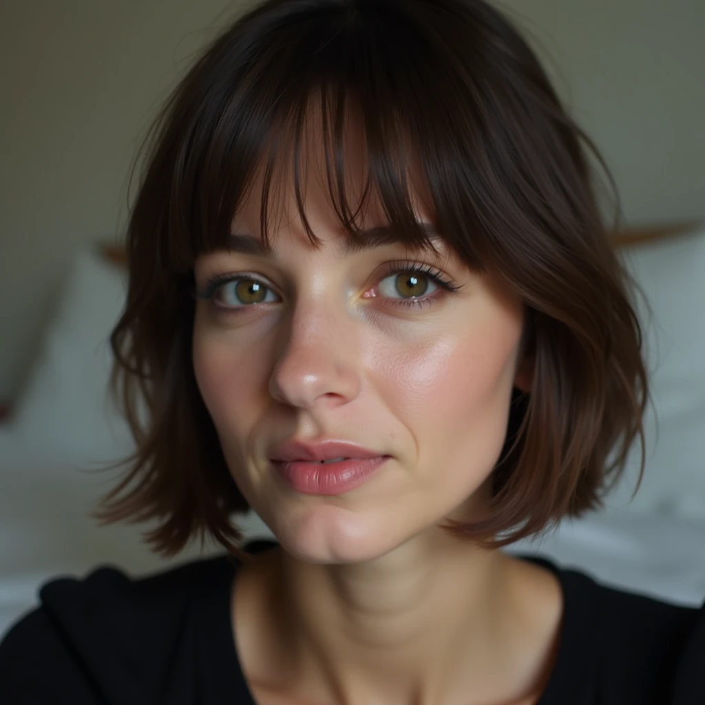 A close-up realistic of a woman with short straight brown hair, neutral expression, and natural makeup, set against a solid bedroom background. The woman is wearing a black top, and her gaze is directly looking left on the camera. The image captures fine details in her face and hair, with soft lighting emphasizing her features.