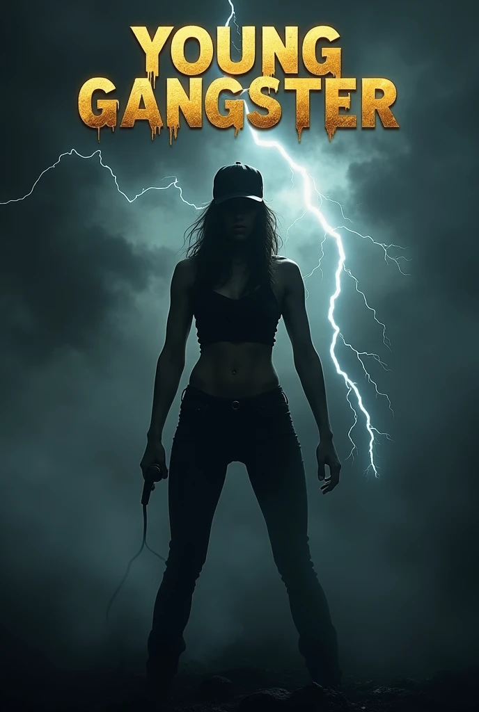 ((epic)), (A cover for a music album) The background is foggy and black clouds can be seen in the dark sky, decorated with a pair of lightning bolts. In the middle of the picture you can see a dark, muscular and shadowy figure, who holds a microphone in her hand and a black cap on her head. As a heading/Titel im oberen Bereich des Bildes steht der text „Young Gangster“ in einer epicen, golden lettering