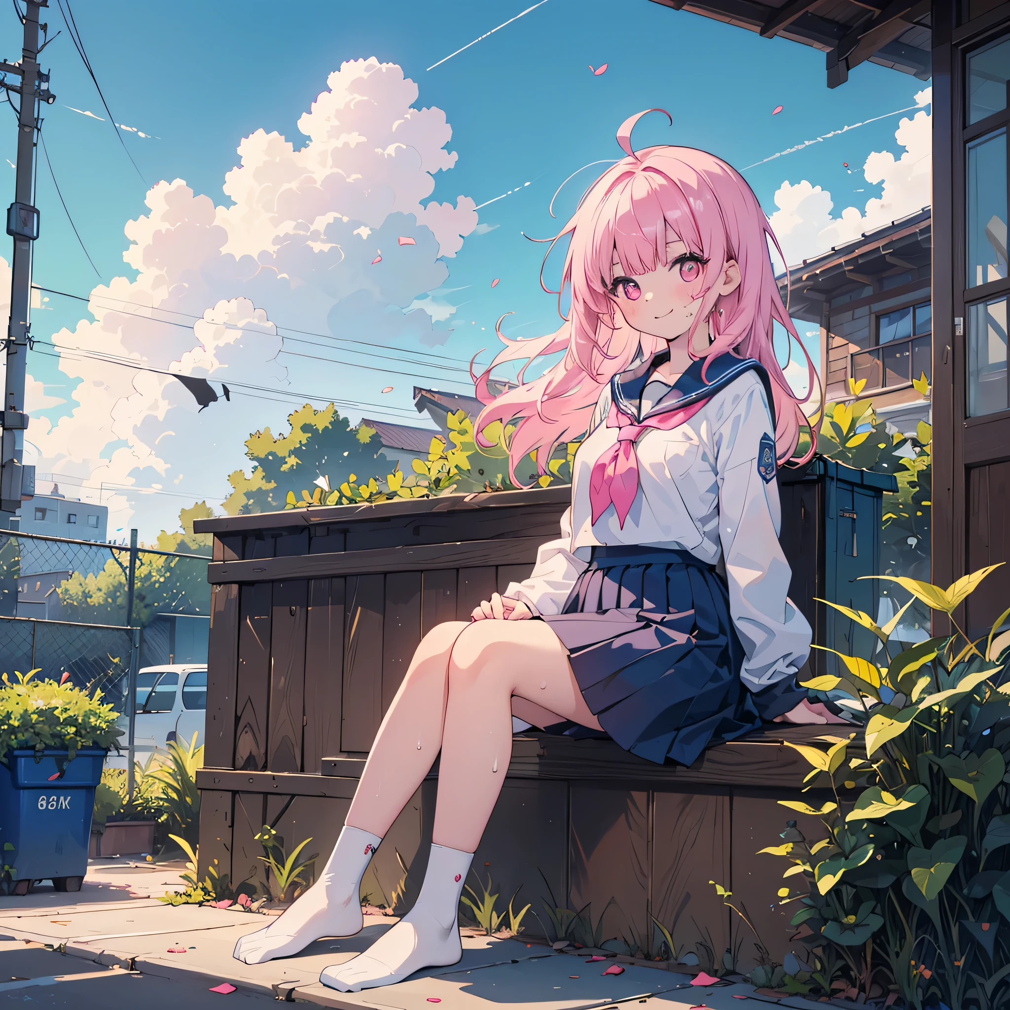 (2 people),(Best image quality, 8k, masterpiece:1.3), (high school student:1.5), ((Pink lob hair:1.1)), (Bobcut),(流したbangs), (Cute eyes, Dark Eyes, Iris Sky Blue, like々funny Face), (Standard weight), (Small breasts), (Glowing Skin:1.3),(Pale skin:1.2),(Sweaty skin:1.2),(smile),break (Crystal Tree), (flying debris), (Highest quality), Very detailed, Focus Only,dynamic,((smile)),Perfect Face, 美funny Face, Very detailedな顔,(Pink long hair_Pink Eyes:1.3),uniform、smile,Large Breasts,smile,2 peopleの, ((masterpiece, Highest quality)),, skirt, null, Sitting, cloud,Outdoor, neckerchief ,Day, bangs, fence, shirt, Ahoge, rooftop, 白いuniform, white Sailor collar,blue eyes, Sailor collar, blue null,white shirt, View your viewers, chain-link fence, cloudy null, trash can, Pleats,No shoes