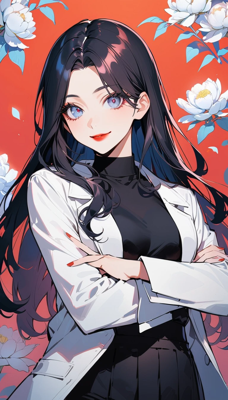 1woman, solo, black hair, middle part, long hair, gray eyes, droopy eyes, detailed eyes, eyelashes, red lips, smile, 25years old, crossed arms, wear white lab coat, Black turtleneck, Navy blue pencil long skirt, Many peonies