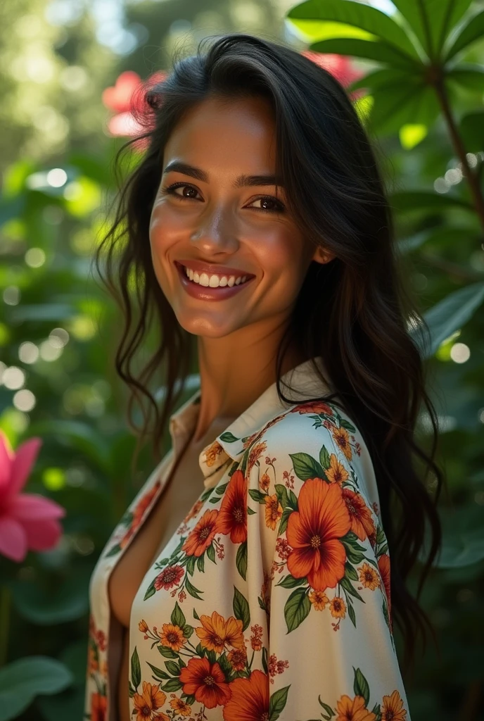 A Brazilian woman in a lush tropical garden, wearing an open shirt with a floral print, with a close-up capturing the harmonious beauty between her breasts and the natural flowers, showing off your natural charm and outgoing personality.