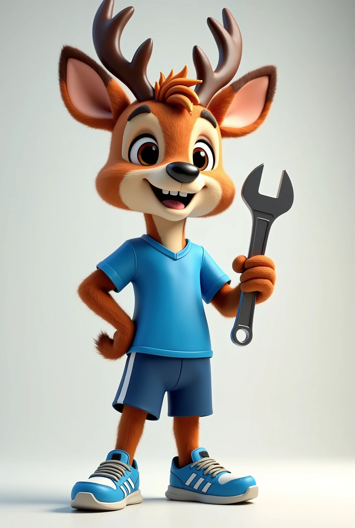 3d cartoon, realistic cartoon of a mascot deer, a furry mascot deer smiling and holding a stilson key, blue sports shirt and shorts, sneakers 