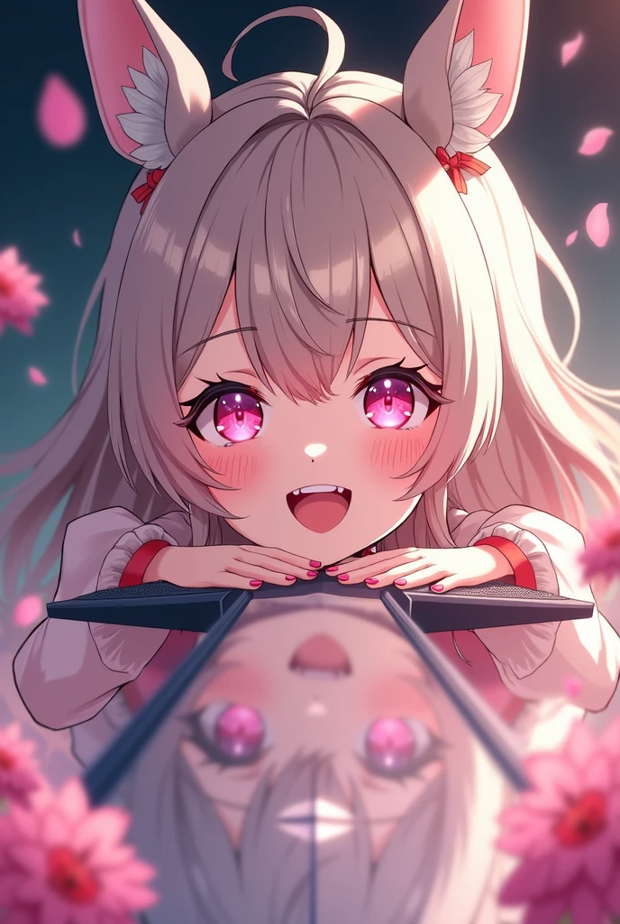 Image of a beautiful anime-style girl reflected in the sword blade1 , laughter, gaping mouth, bangss, animal ears, aretes, slightly separated lips, teeths, language, pink eyes, Masterpiece artwork, surrounded by flowers