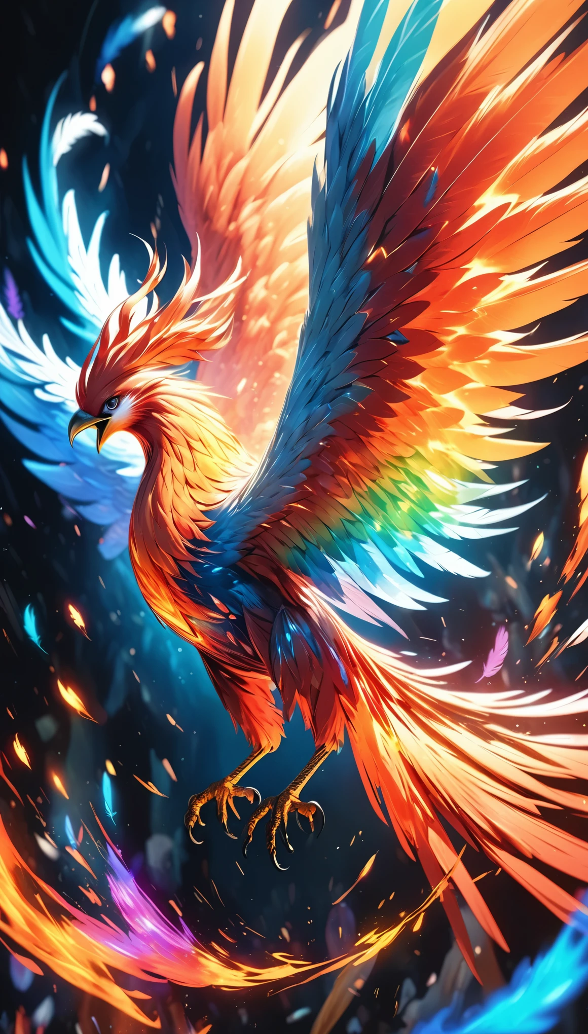 a mythical phoenix, Feathers of fire, Sparkling, Wings in flames, flying through the chaos, ethereal and divine, photorealestic, 8k, Hyperdetailed, dramatic lighing, bright colours, surreal and abstract, fiery holographic effects, dynamic movement
