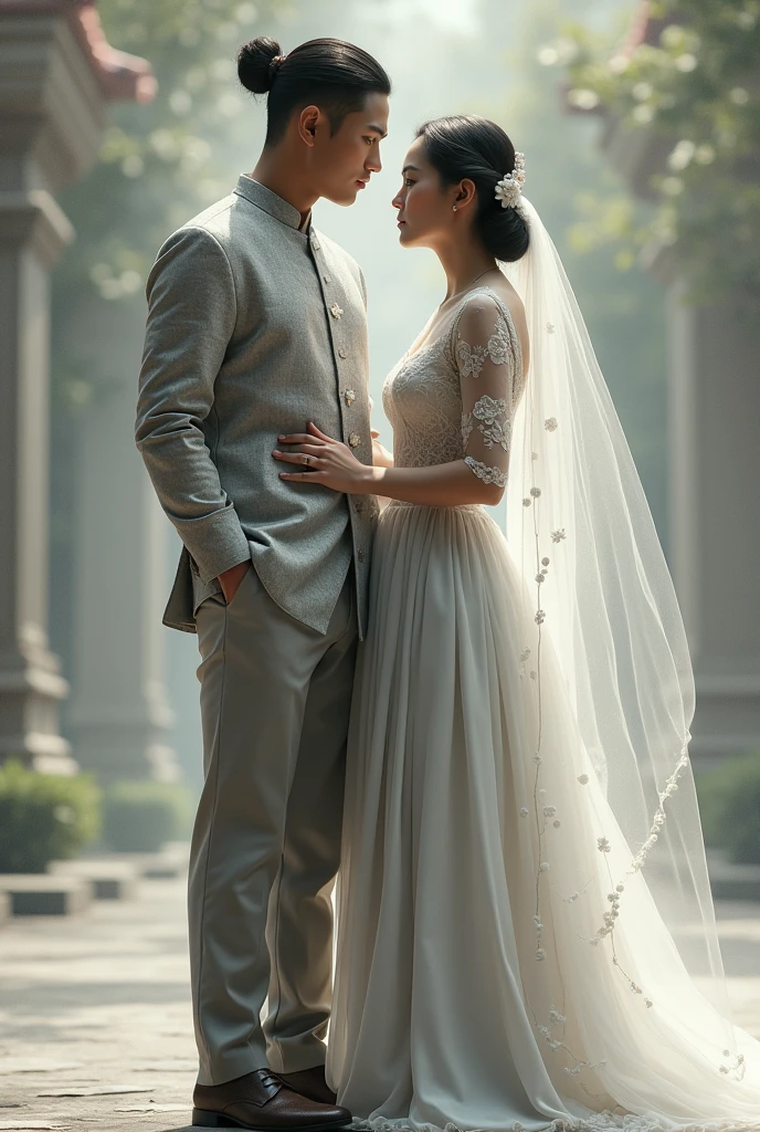 A strong man wearing a short songket coat with diamond flower pattern in light gray color and slack pants in gray color with a Muslim woman wearing a pom pom veil draped down to the stomach and wearing a light gray lace fabric ballgown