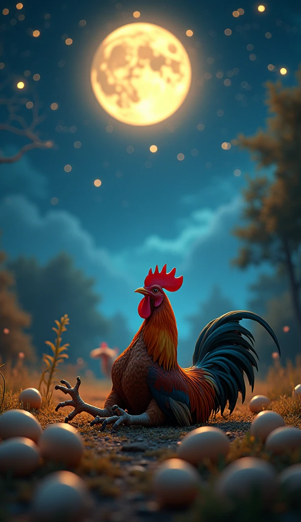 overhead photo
cinematic scene, a beautiful funny rooster lies in a clearing ,lies on his back, his legs spread wide, his wings in different directions. Chicken eggs lie nearby ,full length body ,, lying on his stomach
opal overlay , bright flickering stars, neon glow, night ,, cartoon funny moon
falling from above, shine, magically, , high detail, clarity, HDR, cinematic light, dramatic light, shadows, Nikon D850, parallax, contrast