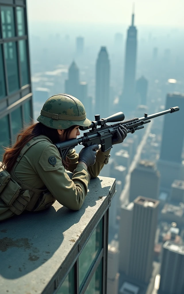 Ultra-high resolution,High-resolution details,Photo real, , (1 Korean female sniper,Super beautiful,Super white face), (Wearing Army Camouflage,Wearing a military helmet), Large breasts, (Tactical Vest, Military wiring harness), (Military boots)(Lying on the ground aiming with a sniper)98k、On the rooftop of a high-rise building(full-body shot,panorama distant view,Wide-angle lens)
