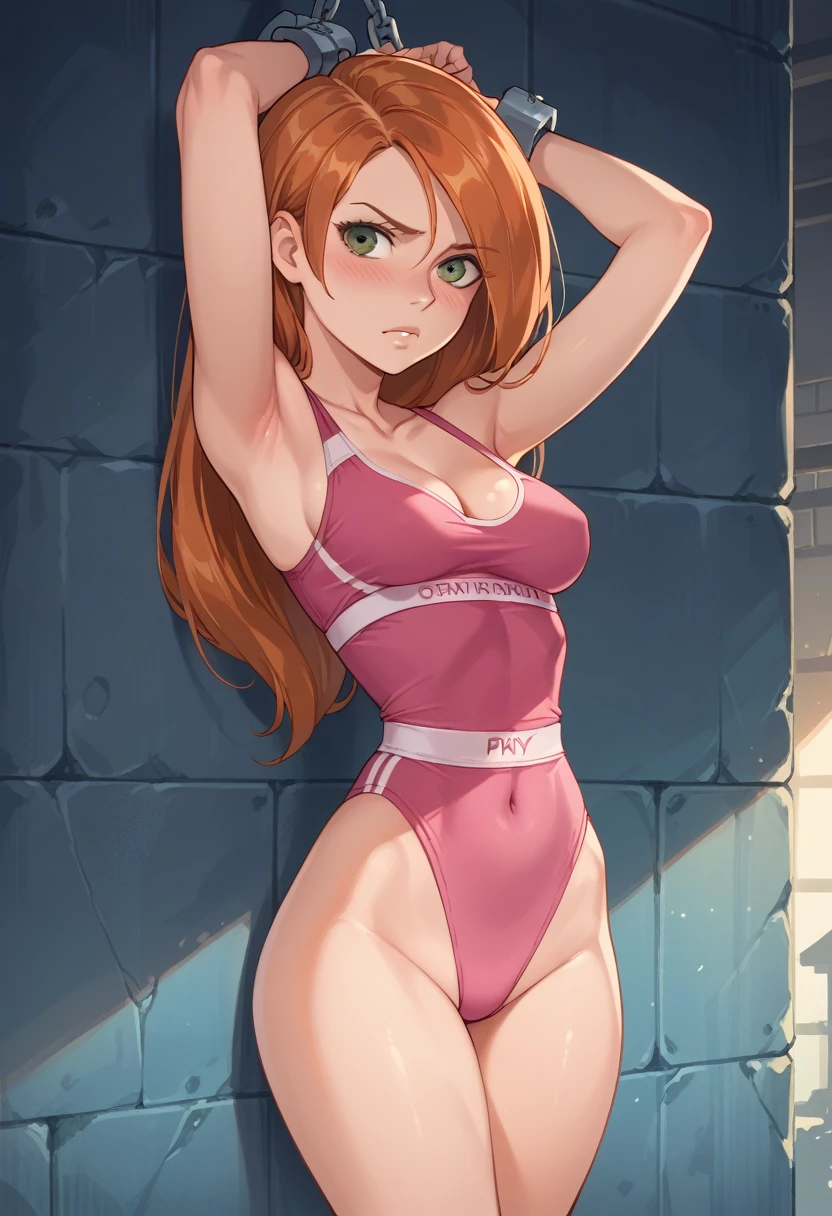 kim possible, detailed eyes, high detailing, narrow waist, 1girl, wearing (sexy pink gym attire:1.2), small perky breasts, cleavage, shy, blush, on wall, hands bound, serious, bound arms, hands behind head, arms up, thigh, rear view, sexy ass on display, (bondage, shackles)