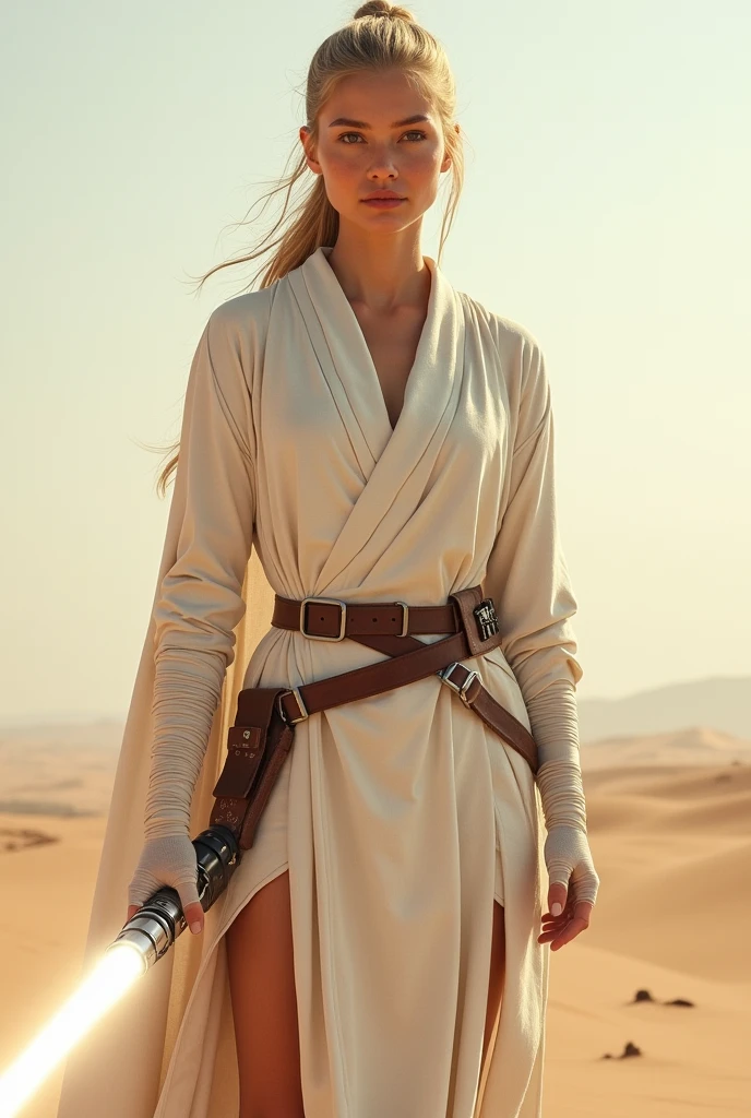 Beautiful, white, female, young woman, long blonde hair tied into a tight ponytail, wearing white Jedi robes, arms wrapped in white bandages, wearing brown fingerless leather gloves, legs completely wrapped in white bandages, wearing brown leather boots, holding a lightsaber in one hand, standing in a desert, viewed from the front