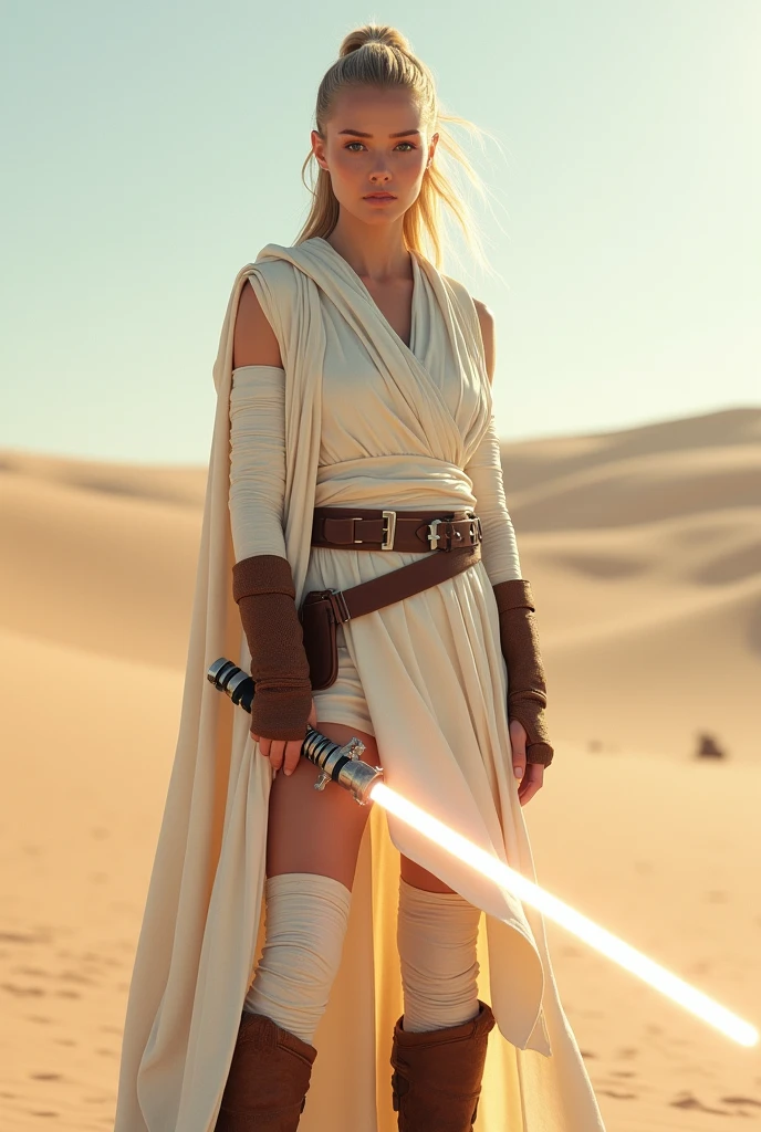 Beautiful, white, female, young woman, long blonde hair tied into a tight ponytail, wearing white Jedi robes, arms wrapped in white bandages, wearing brown fingerless leather gloves, legs completely wrapped in white bandages, wearing brown leather boots, holding a lightsaber in one hand, standing in a desert, viewed from the front