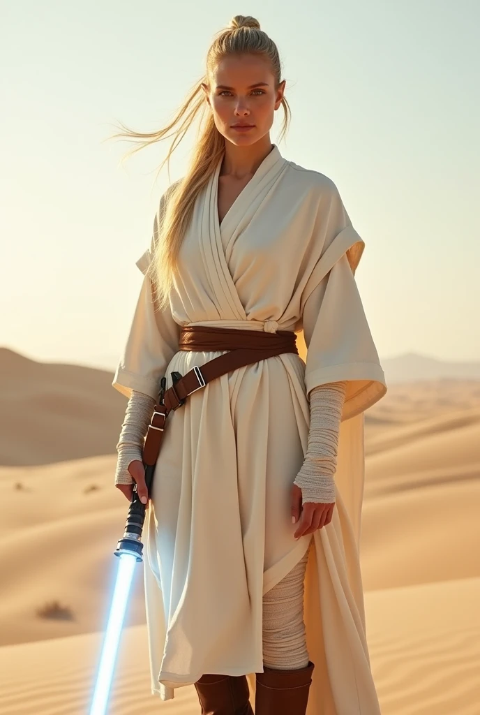 Beautiful, white, female, young woman, long blonde hair tied into a tight ponytail, wearing white Jedi robes, arms wrapped in white bandages, wearing brown fingerless leather gloves, legs completely wrapped in white bandages, wearing brown leather boots, holding a lightsaber in one hand, standing in a desert, viewed from the front